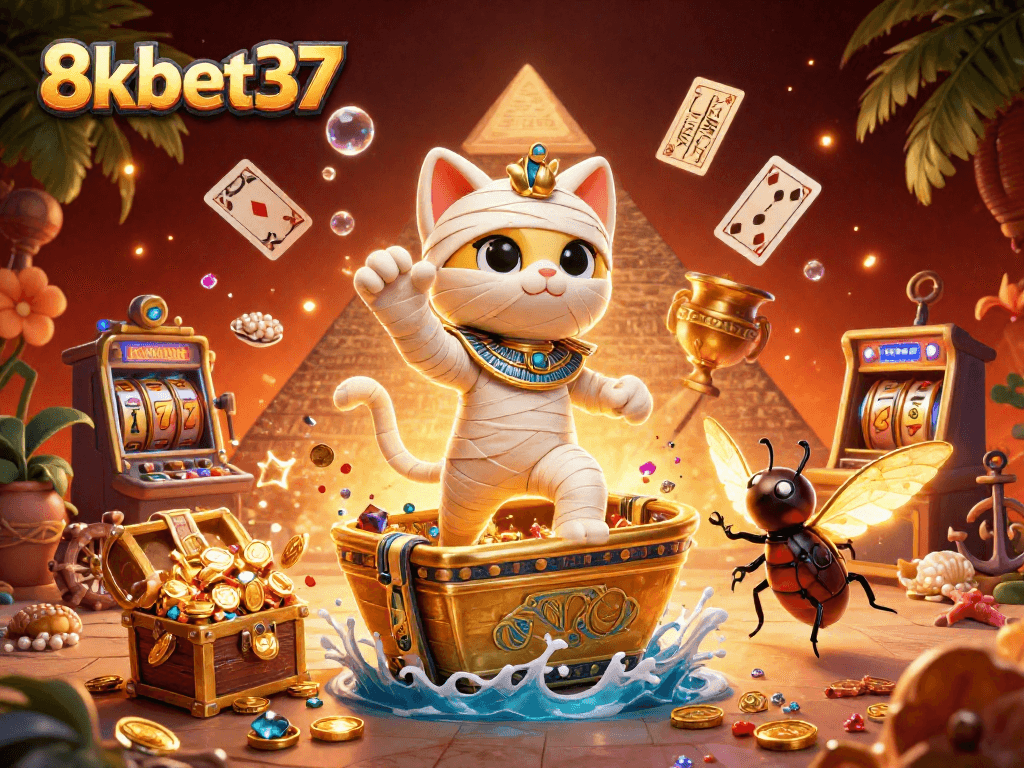 Experience the excitement of 8kbet37's vibrant casino games with the interactive Egyptian themed illustration.