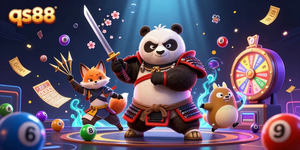 Engage with qs88 as a katana-drawing panda competes in a vibrant casino scene.