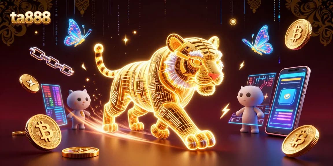 Experience the thrill at ta888 with a vibrant 3D casino illustration showcasing crypto elements and gaming excitement.