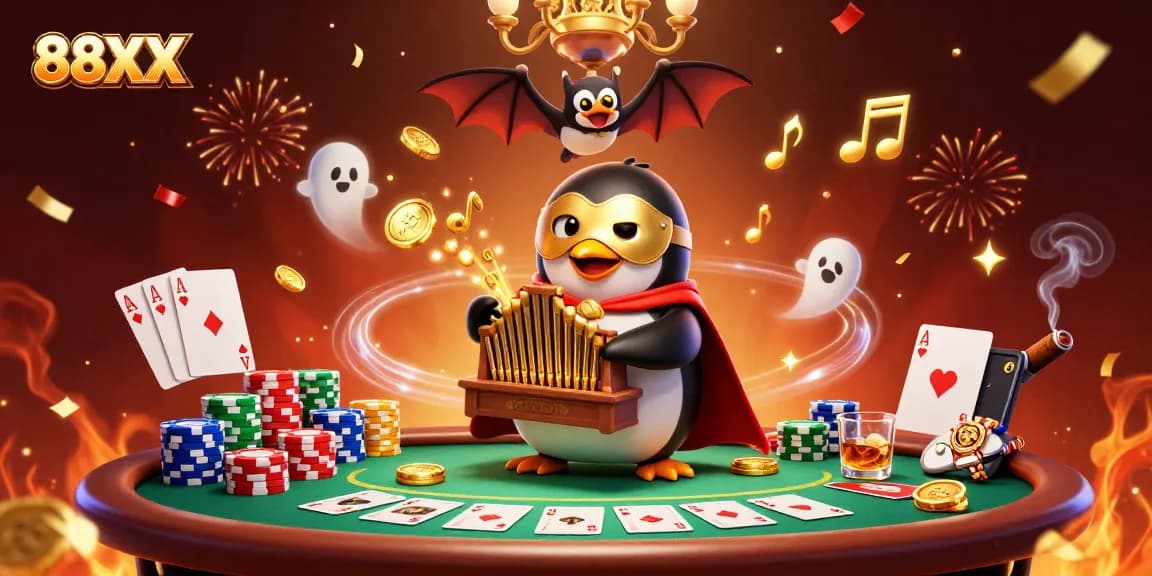 Experience gaming excitement at 88XX with dazzling 3D illustrations combining epic characters and poker elements.