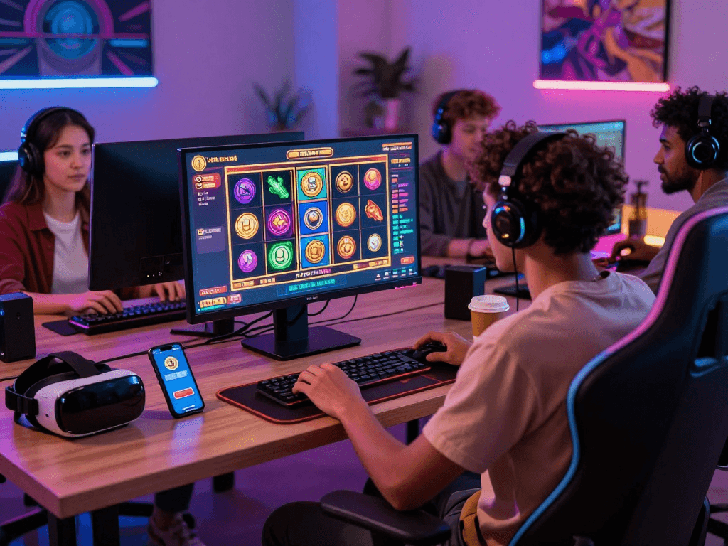 Engaging scene of players enjoying a crypto casino game at home, showcasing vibrant gaming interface and diverse elements.
