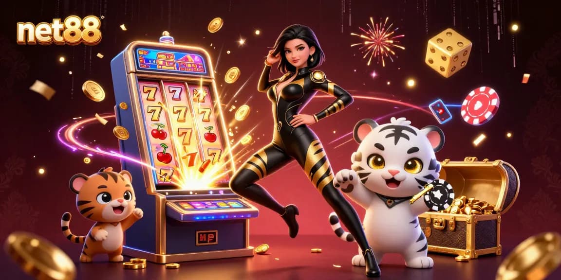 Experience thrilling gameplay at net88 with dynamic slot games and exciting characters in a vibrant casino scene.
