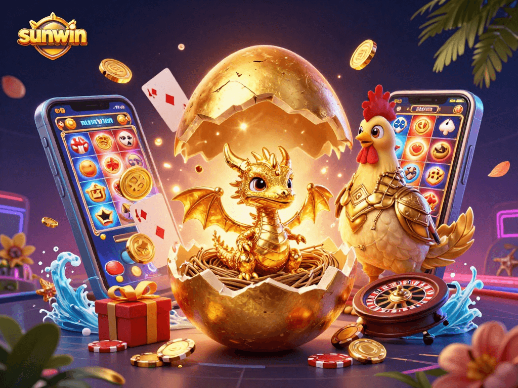 Experience sunwin's thrilling gaming world featuring golden dragon and poker chips in a vivid 3D scene.