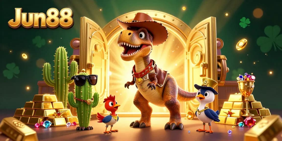 Experience thrilling wins at Jun88 with vibrant casino characters and dynamic gold treasures.