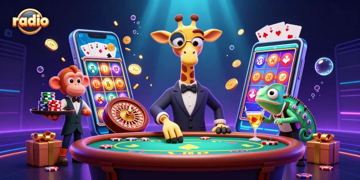 Win big at the radio-themed casino with a giraffe, monkey, and chameleon.