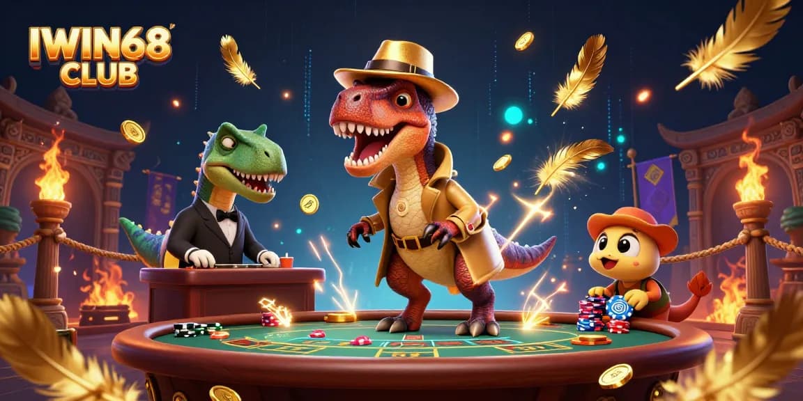 Engage in thrilling bets at the IWIN68 CLUB with a velociraptor card counter amidst vibrant casino elements.