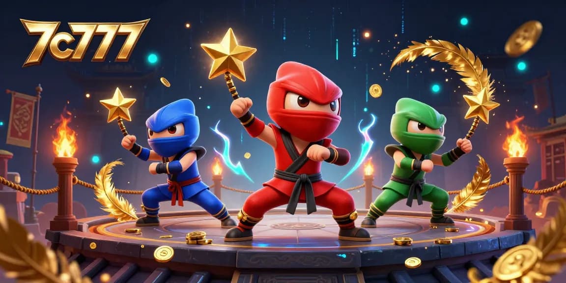 A thrilling 7c777 casino scene features ninja chameleons engaging in martial arts amid rich symbols like gold coins and betting tokens.