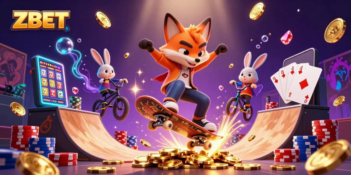 ZBET captures the excitement of a vibrant casino scene with a fox doing tricks amidst rich gambling elements.