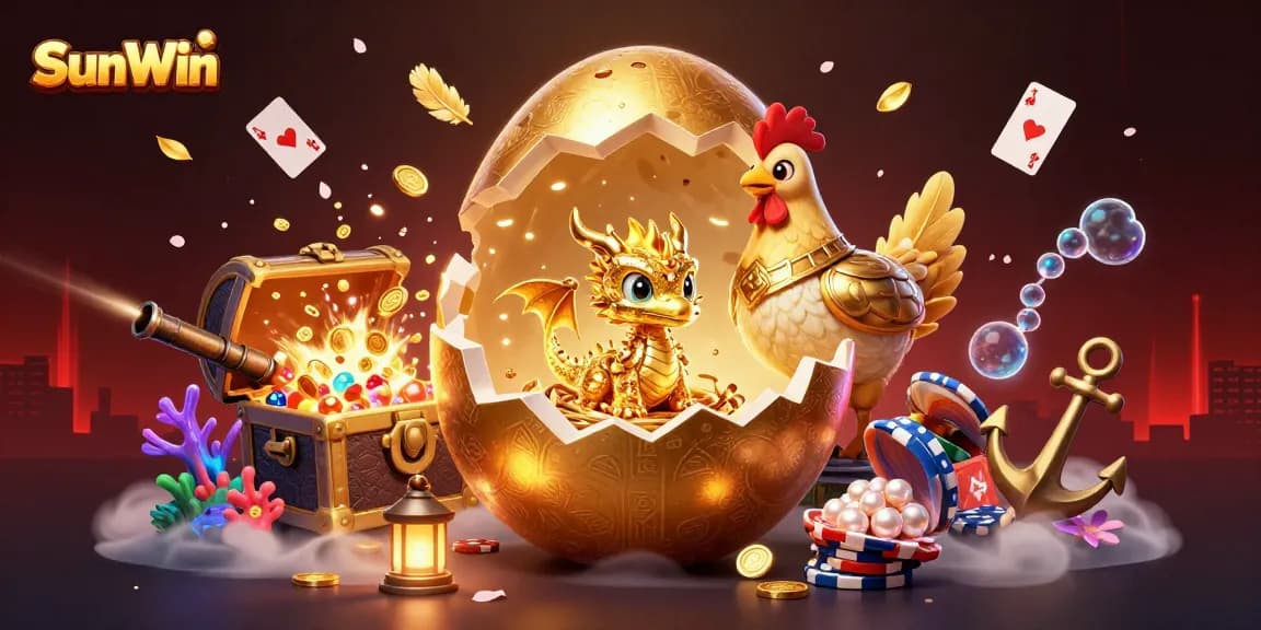 Experience excitement with SunWin's vibrant online casino scene featuring a golden dragon and poker chips.