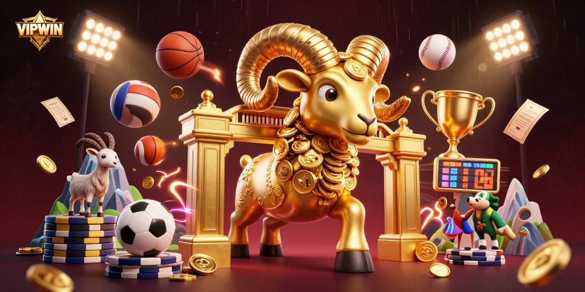Engage with VIPWIN's vibrant gaming world featuring a golden ram and sports elements.
