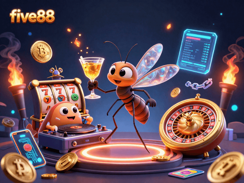 Experience the thrilling five88 casino with a unique 3D illustration featuring vibrant characters and elements.