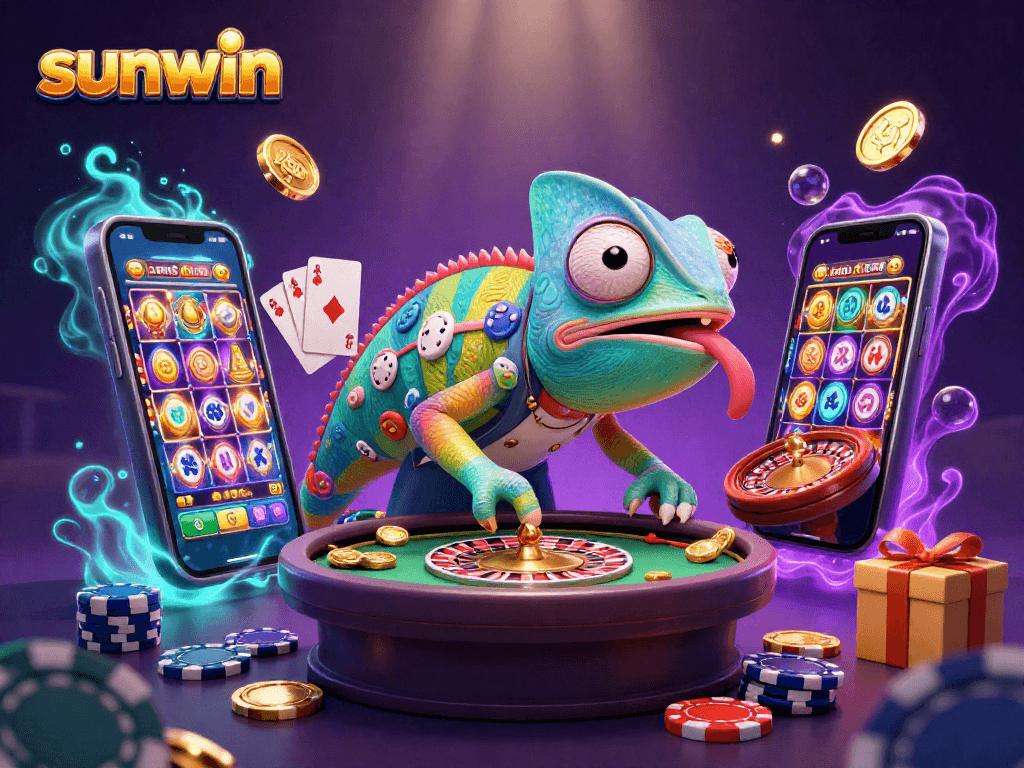 Experience vibrant gameplay at sunwin with a chameleon casino owner amidst spinning slots and poker elements.