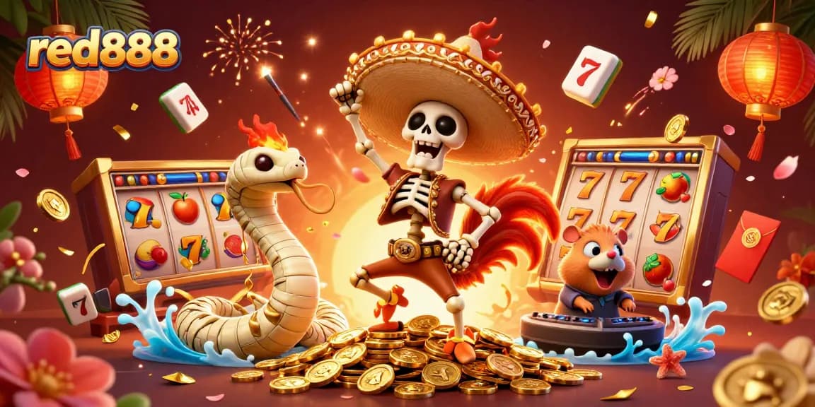 Join the festive celebration at red888 with a skeleton mariachi rooster and vibrant casino elements.