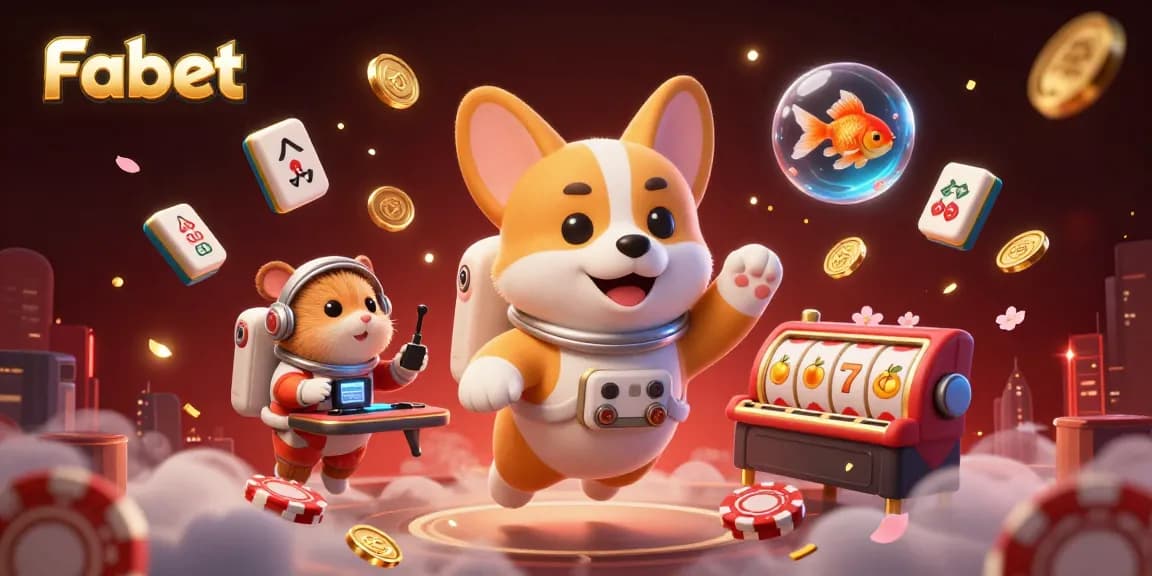 Fabet adds excitement with a vibrant casino scene featuring an astronaut corgi, spinning slot reels, and floating mahjong tiles.