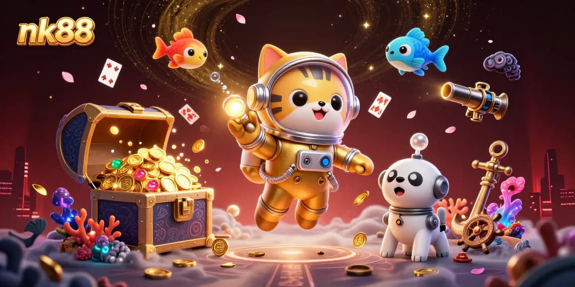 Experience thrilling gameplay at nk88 with vibrant visuals of gaming elements and space characters.