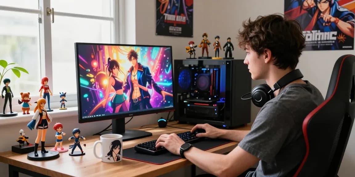 Engaged player enjoying a hentai game on a vibrant monitor in a cozy gaming setup.