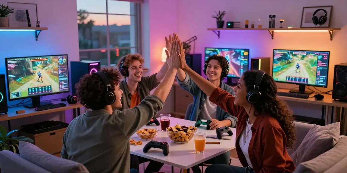 Grup gamer merayakan kemenangan besar di platform rajaslot 20 dengan suasana ceria dan aksesori gaming.
