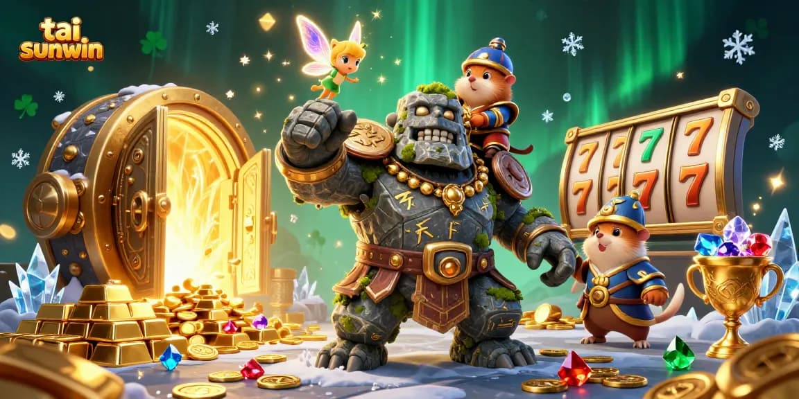 Experience the excitement of tai sunwin gaming with a dynamic 3D illustration of a magical scene featuring unique characters and casino elements.