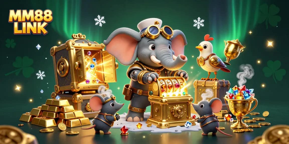 Spin the reels with MM88 LINK, featuring a steampunk elephant amidst treasures and luck in a vibrant casino scene.