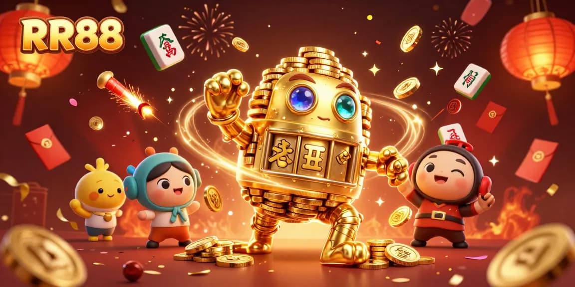 Spin the reels at RR88 and enjoy a vibrant, casino-themed celebration with golden golems and festive elements.