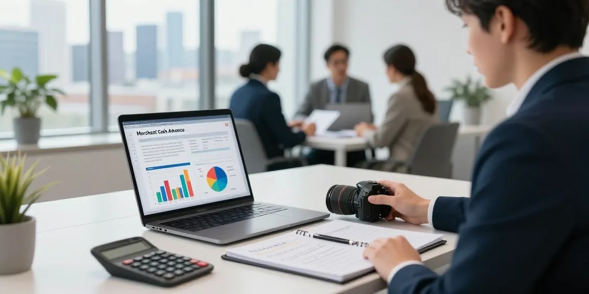 Professional consultant discussing uk merchant cash advance options in modern office.