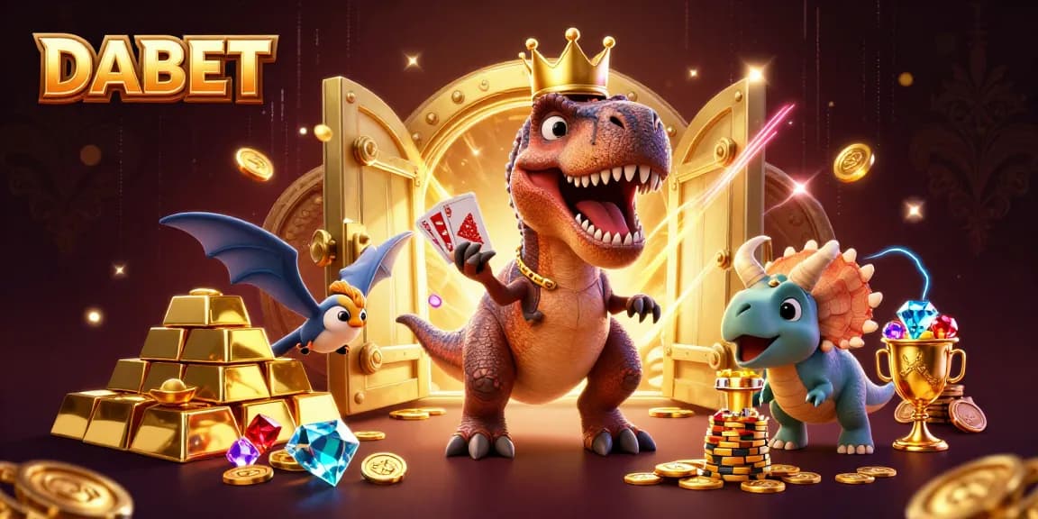 DABET offers innovative gambling experiences, featuring a cartoon T-Rex and friends in a vibrant casino atmosphere.