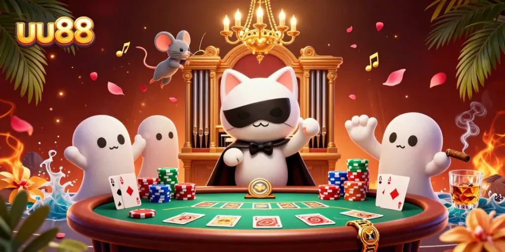 Experience excitement at uu88 with a vibrant casino scene featuring magical characters and poker elements.