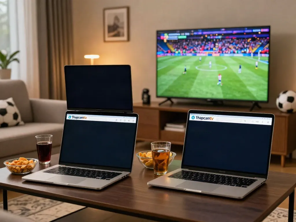 Football fan enjoying live sports on Thapcamtv.ac across devices in a cozy living room.