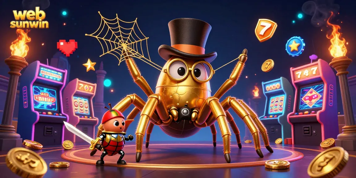 Engage with web sunwin in this vivid 3D illustration of a golden tarantula weaving inside a vibrant casino.