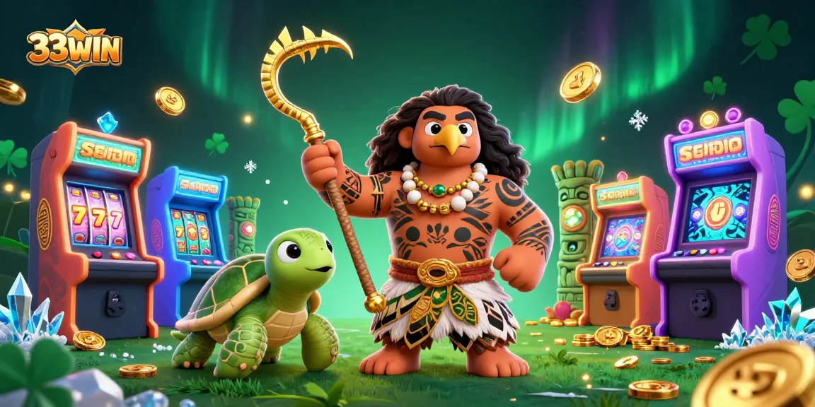 Engage with 33WIN’s captivating casino scene featuring vibrant game elements and lively characters.