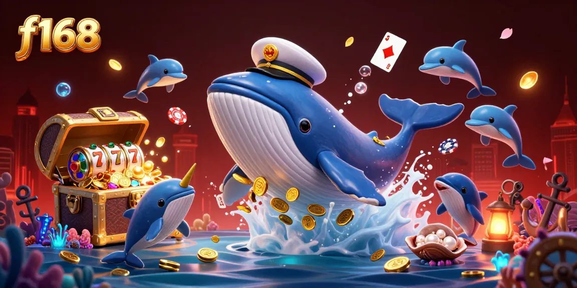 f168 casino experience with a vibrant whale, narwhal, and playful dolphins over treasure.
