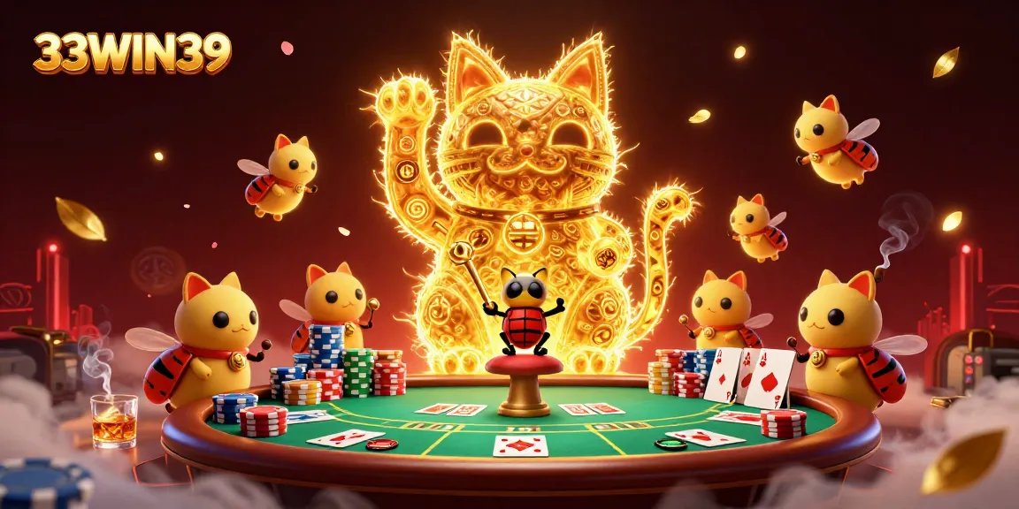 Engage in top-tier gaming at 33WIN39 with a lively scene of golden fireflies and casino excitement.