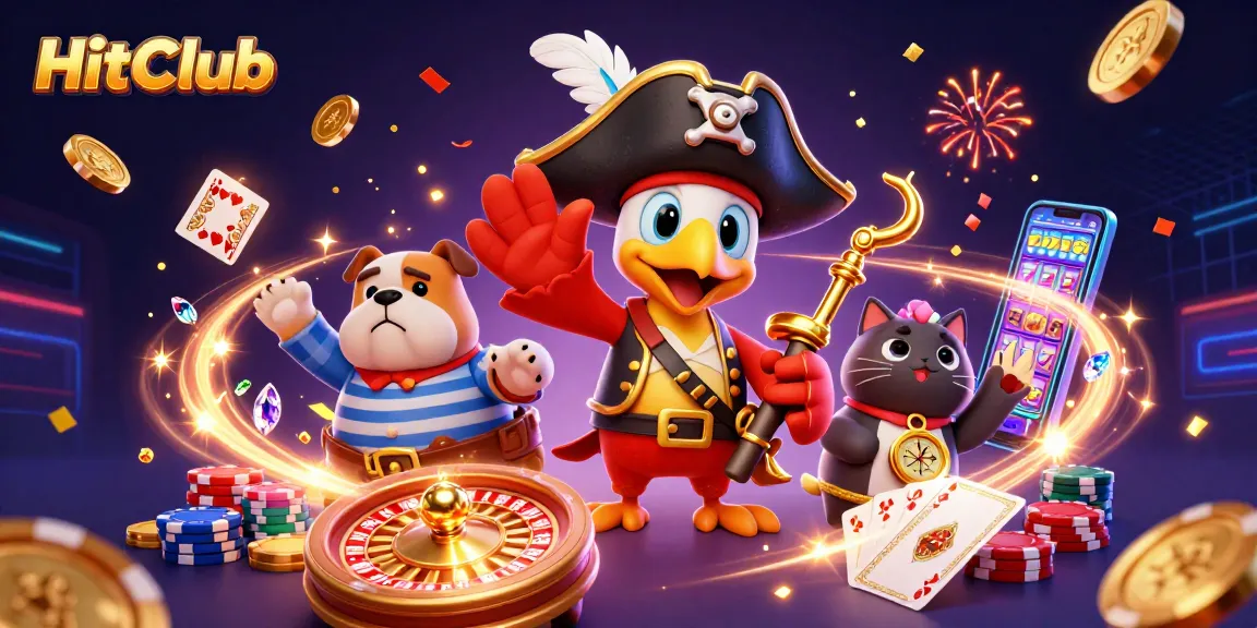 HitClub players enjoy vibrant gaming with colorful chips and sparkling elements in an exciting casino atmosphere.