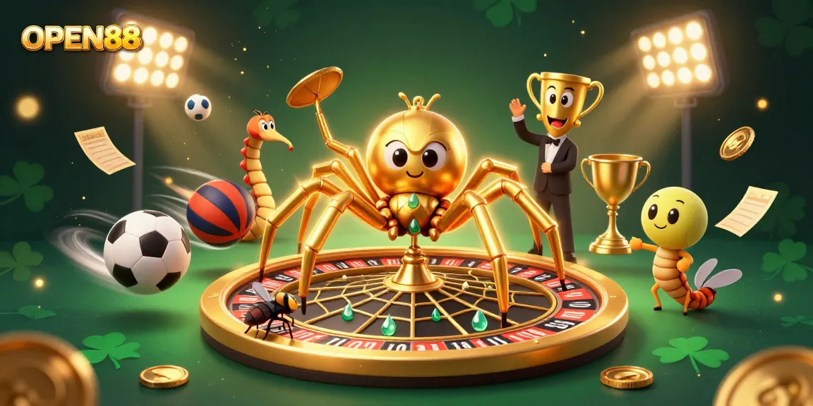 Experience thrilling bets at OPEN88 with a golden spider and sports elements in a vibrant casino scene.