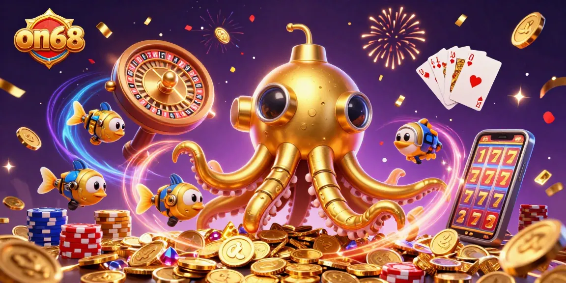 Experience thrilling wins with on68 at a vibrant casino scene featuring a golden kraken submarine and dynamic game elements.