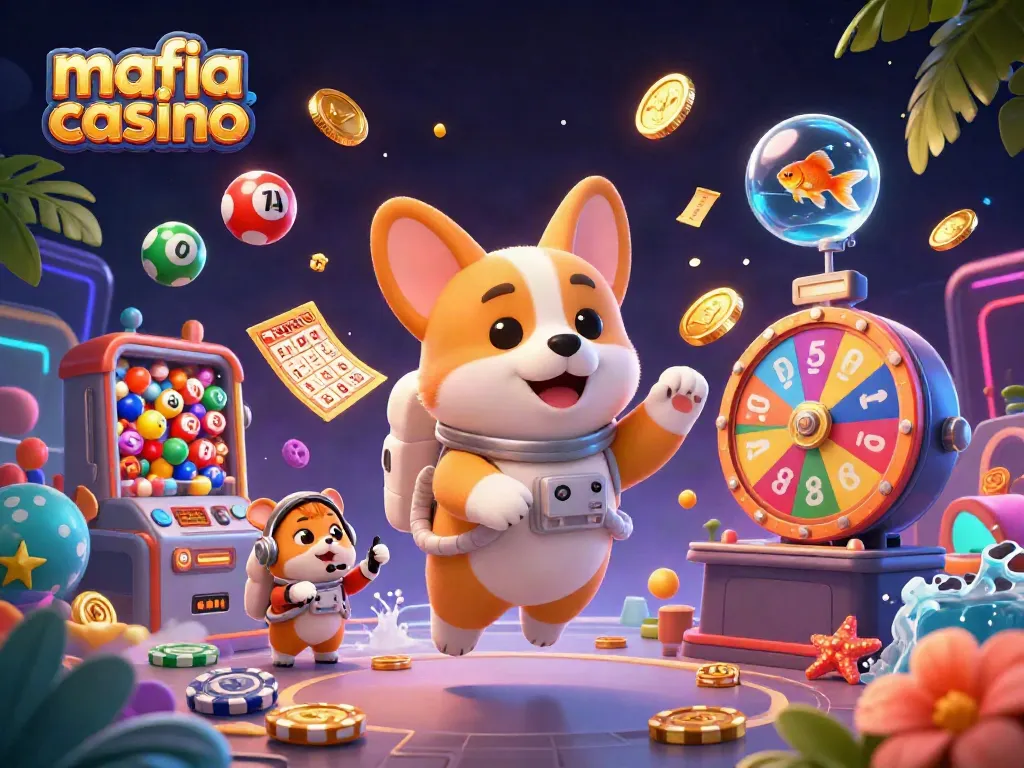 Mafia casino theme featuring a floating corgi astronaut, coins, and lottery elements in a vibrant scene.