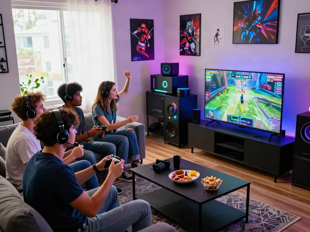 Exciting rokok88 gaming night with friends focused on a multiplayer video game in a vibrant living room