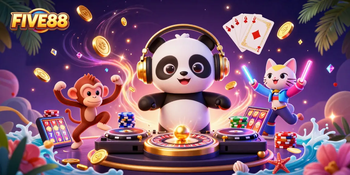 Witness the vibrant gaming scene at FIVE88 with DJ panda and breakdancing monkey amidst casino elements.