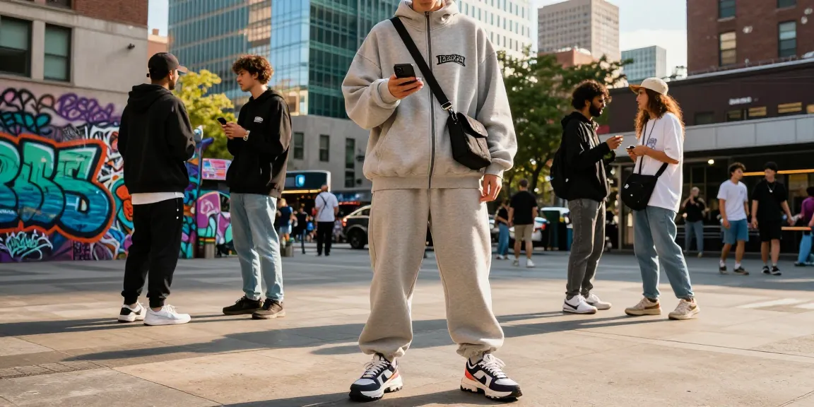 Trapstar Tuta in un outfit streetwear urbano con graffiti e luce calda.