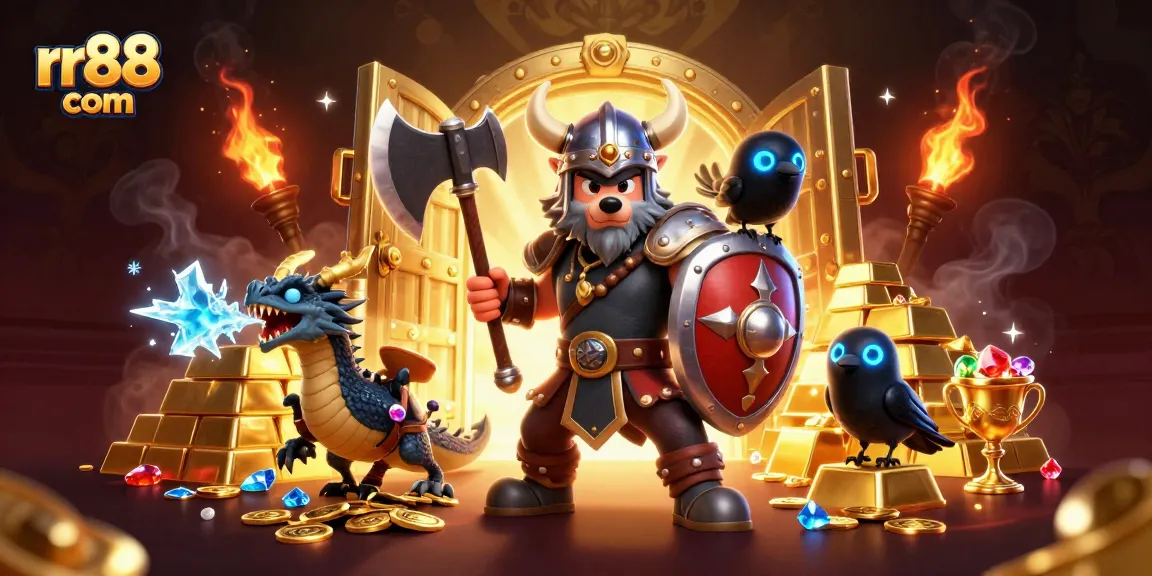 Join the adventure at rr88 com with captivating dragons and treasures in a thrilling casino-themed illustration.
