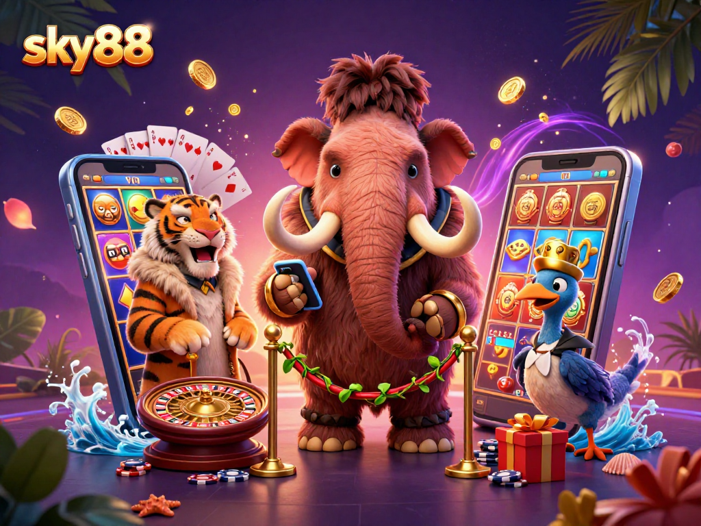 Experience sky88's vibrant casino atmosphere with unique characters and dynamic gaming elements.