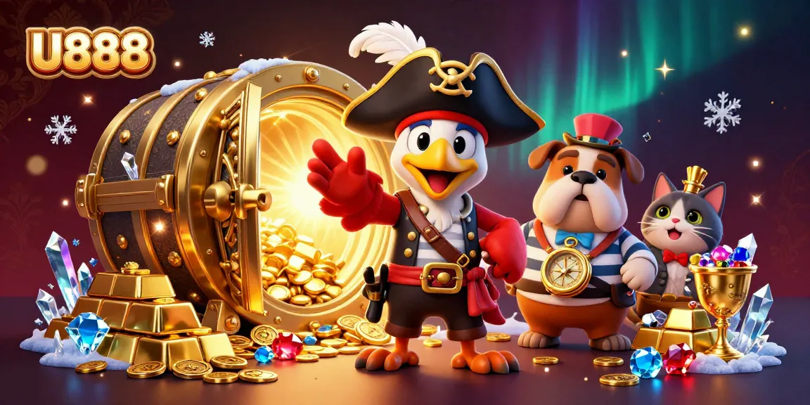 Engage with U888’s vibrant casino scene featuring a pirate captain and treasures.