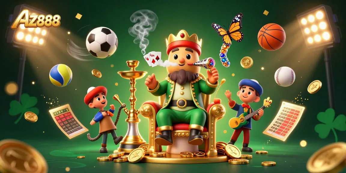 Experience the thrill of AZ888 with a colorful 3D cartoon scene of a caterpillar master and dynamic sports elements.