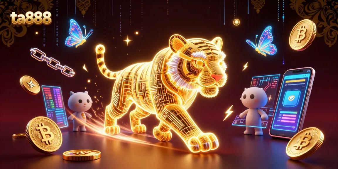 Experience the thrill at ta888 with a vibrant 3D casino illustration showcasing crypto elements and gaming excitement.
