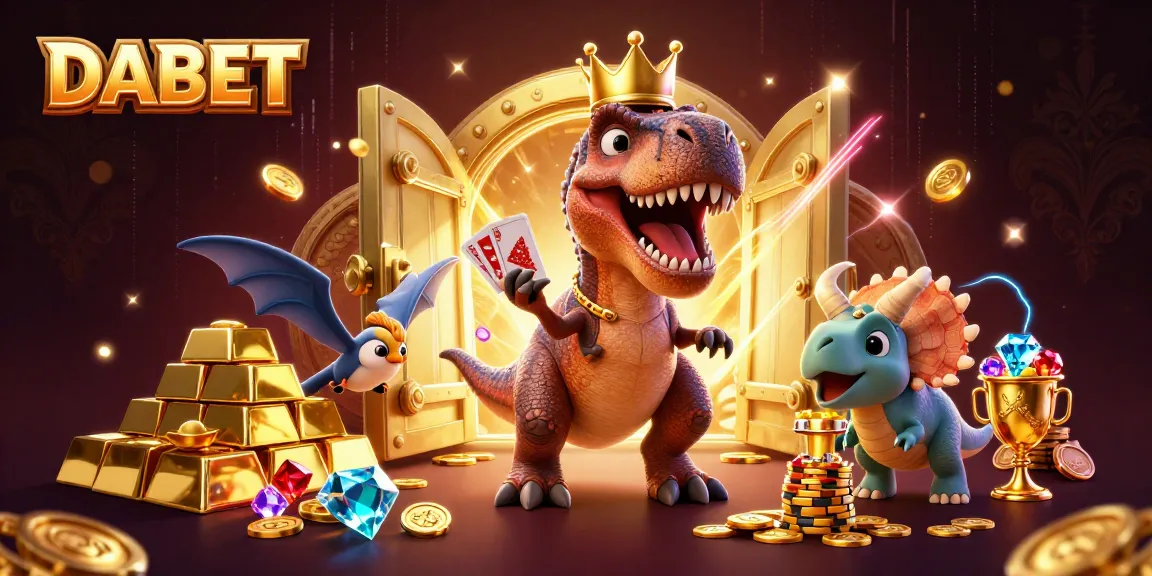 DABET offers innovative gambling experiences, featuring a cartoon T-Rex and friends in a vibrant casino atmosphere.