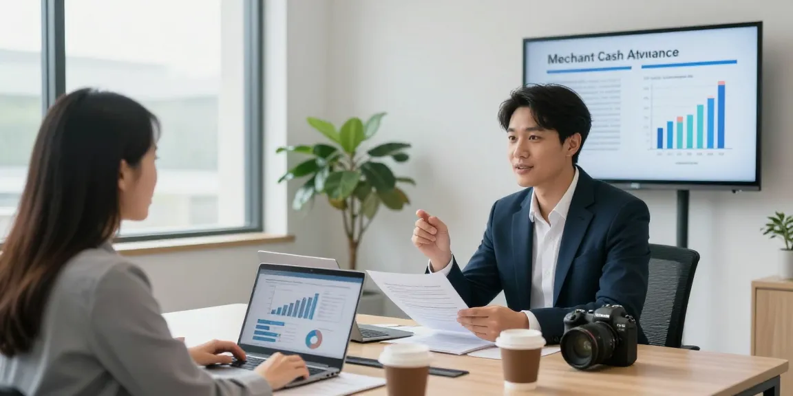 Business discussion on merchant cash advance vs loan options in a modern office.