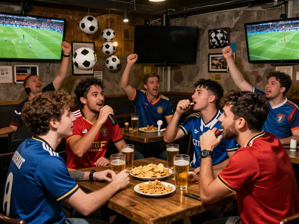 Excited fans enjoying live football matches at socolivekz.uk in a lively sports bar.