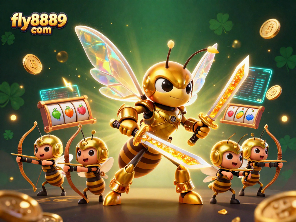 Experience excitement with fly8889 com featuring vibrant slot reels and golden characters in a dynamic casino scene.
