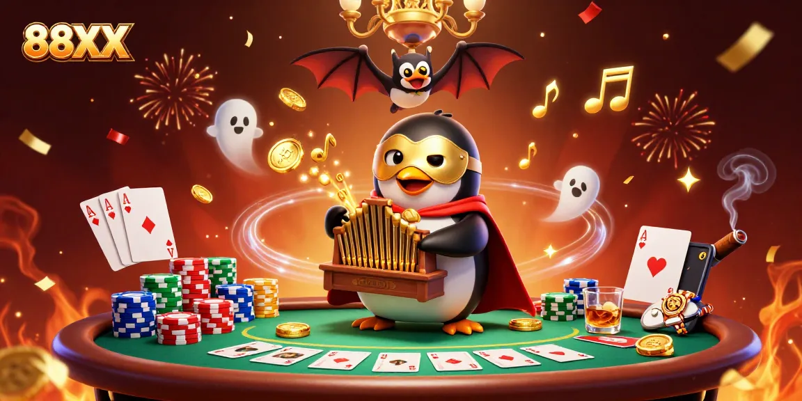 Experience gaming excitement at 88XX with dazzling 3D illustrations combining epic characters and poker elements.