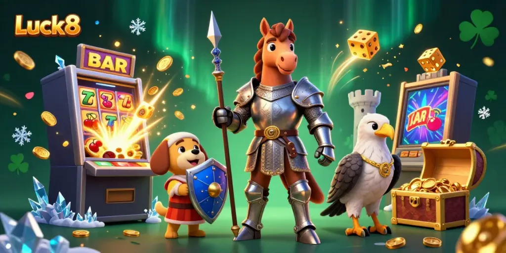 Engage in thrilling gameplay with Luck8's dynamic 3D casino illustration showcasing knights and treasure.